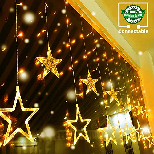 Product Cover Quntis LED 12 Stars Curtain Lights - 138 LEDs Window Icicle Christmas Lights 8 Modes Decorative Backdrop Fairy String Lights for Outdoor Indoor Home Bedroom Wedding Party Holiday Wall, Warm White