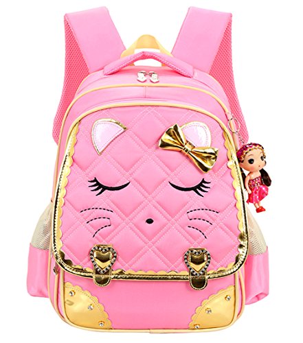 Product Cover Mysticbags Cat Face Waterproof Kids Backpack School Book Bag for Primary Girls Students, Pink