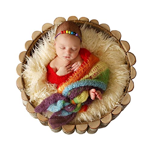Product Cover Newborn Baby Stretch Knit Wrap,Photography Photo Props Rainbow Tassel Blanket Include Headband