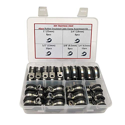 Product Cover Cable Clamps Assortment Kit, 46 Pcs 304 Stainless Steel Rubber Cushion Pipe Clamps Assorted with 5 Size 1/4'' 3/8'' 1/2'' 3/4'' 1'' For Wire Cord Installation
