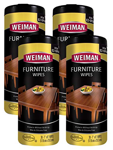 Product Cover Weiman Wood Cleaner and Polish Wipes - 4 Pack (120 Wipes) - for Furniture to Beautify and Protect No Build-Up Contains Ultra Violet Protection Pleasant Scent Surface Safe - 30 Count Each