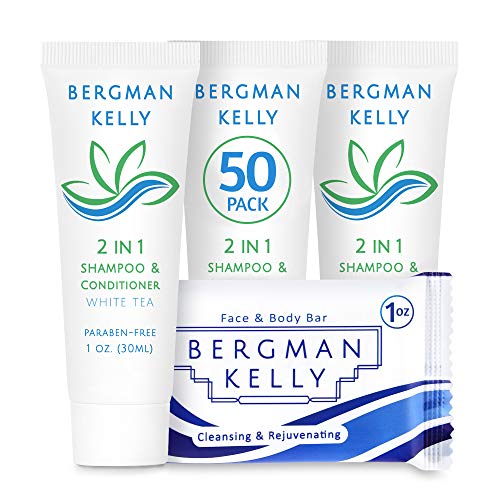 Product Cover BERGMAN KELLY Rectangle Soap Bars, 2in1 Shampoo & Conditioner 2-Piece Set (White Tea, 1 oz each, 100 pc), Delight Your Guests with Revitalizing & Refreshing Travel Toiletries & Hotel Amenities