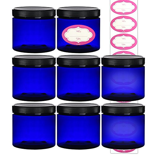 Product Cover 8-Pack - 16 Ounce Plastic Cobalt Blue Refillable Jars - Clear 8 Pack 16 Oz Round Cosmetic Containers - with Lids and Labels, For Beauty Products, Cream, Exfoliating Scrub, Face Masks and Lotion