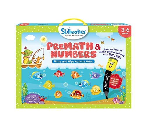 Product Cover Skillmatics Educational Game: PreMath and Numbers (3-6 Years) | Erasable and Reusable Activity Mats with 2 Dry Erase Markers | Learning Tools for Boys and Girls 3, 4, 5, 6 Years