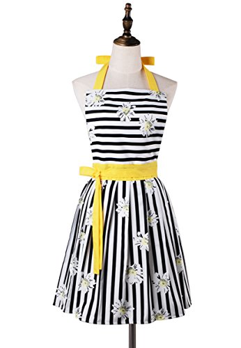 Product Cover Lovely Comfortable Claccic Black Stripe and Fashion Daisy Skirt Kitchen Women Apron for Ladies Girls Wife Daughter (Yellow)
