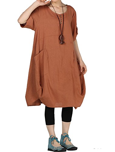 Product Cover Mordenmiss Women's Cotton Linen Dresses Plus Size Summer Roll-up Sleeve Baggy Sundress with Pockets