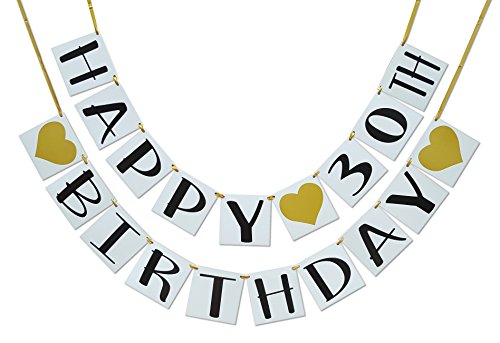 Product Cover Happy 30th Birthday Banner - Gold Hearts and Ribbon - Birthday Decorations