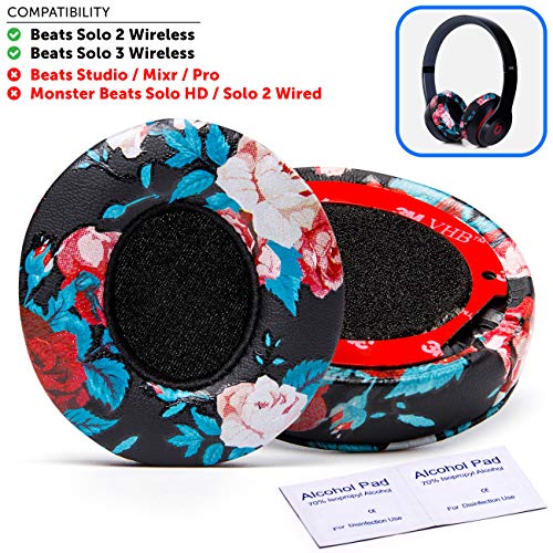 Product Cover Wicked Cushions Beats Solo 2 Ear Pad Replacement - Compatible with Solo 2 & 3 Wireless On Ear Headphones (Does NOT FIT Studio) | Floral Black