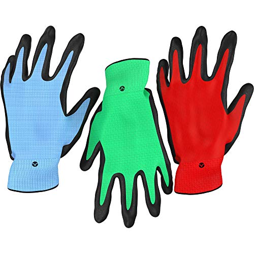 Product Cover Vremi Heavy Duty Gardening Gloves for Men and Women - 3 Pack Medium Size Bamboo Nitrile Coated Indoor and Outdoor Garden Gloves for Vegetable Roses or Flower Gardens - Blue Green and Red