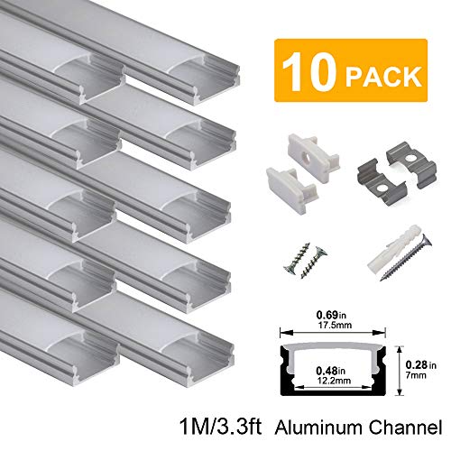 Product Cover hunhun 10-Pack 3.3ft/1Meter U Shape LED Aluminum Channel System with Milky Cover, End Caps and Mounting Clips, Aluminum Profile for LED Strip Light Installations, Very Easy Installation