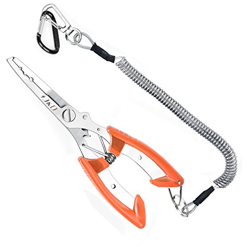 Product Cover J&D Multi-Functional Lightweight Stainless Steel Fishing Plier Hook Remover Tool with Safety Coiled Lanyard (Orange)