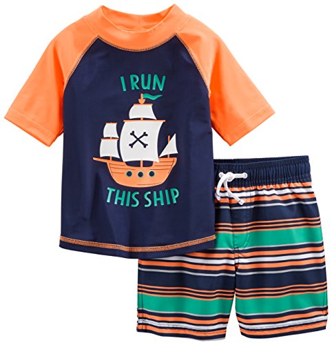 Product Cover Simple Joys by Carter's Baby Boys' Toddler 2-Piece Swimsuit Trunk and Rashguard, Orange Blue Ship, 3T