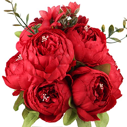 Product Cover Leagel Fake Flowers Vintage Artificial Peony Silk Flowers Bouquet Wedding Home Decoration, Pack of 1 (Spring Red)