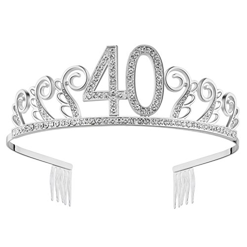 Product Cover BABEYOND Crystal Rhinestone Tiara Princess Crown Birthday Crowns Silver Diamante Happy 18/20/21/30/40/50/60th Birthday (Silver-40th)