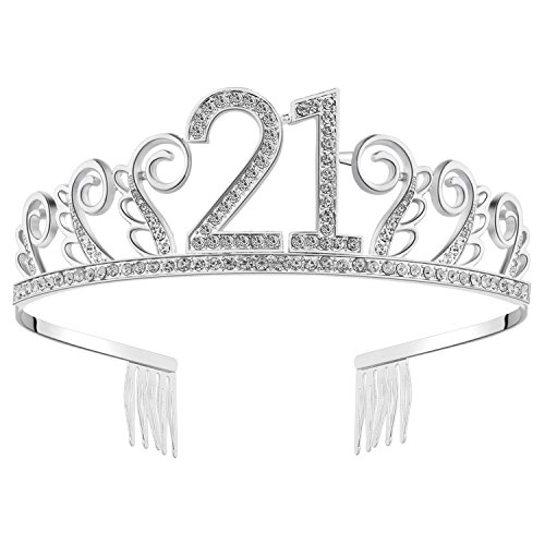 Product Cover BABEYOND Crystal Birthday Tiara Rhinestone Princess Crown Happy Birthday Crowns Silver Diamante Happy 21st Birthday Tiara Crown (Silver-21st)