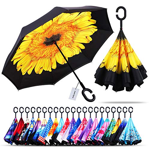 Product Cover Owen Kyne Windproof Double Layer Folding Inverted Umbrella, Self Stand Upside-Down Rain Protection Car Reverse Umbrellas with C-Shaped Handle (New Sunflower)