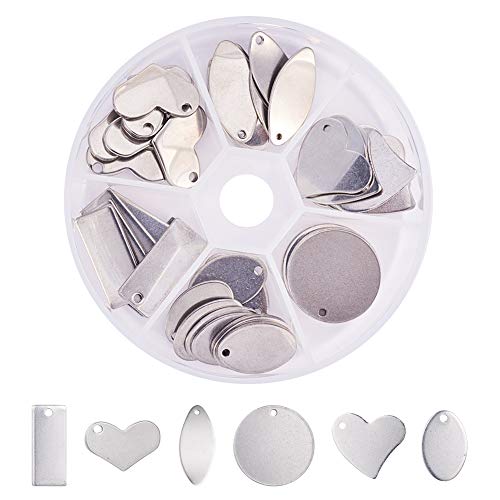 Product Cover PandaHall Elite 60 Pcs 304 Stainless Steel Flat Round Oval Heart Rectangle Blank Stamping Tag Pendants Charms 6 Styles for Jewelry Making