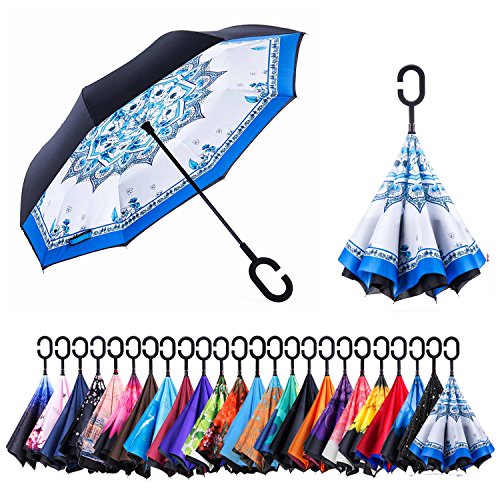 Product Cover AmaGo Windproof Inverted Umbrella - UV Protection Double Layer Reverse Folding Long Self Standing Umbrella with C-Shape Handle for Car Rain Outdoor Travel(Pomelo)