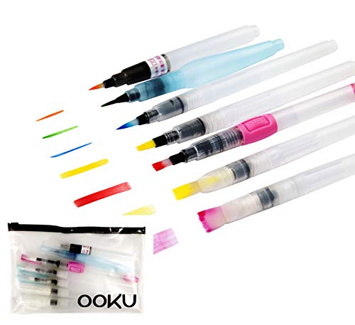 Product Cover OOKU Watercolor Brush Pens 8 Piece Set - 7 Multi Purpose Watercoloring Brush pens - Bonus Pen Brushes Holder Pouch, Artist Grade Watercolor Brushes for Water Color Painting & Lettering