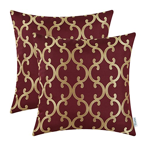Product Cover CaliTime Pack of 2 Throw Pillow Covers Cases for Couch Sofa Home Decoration Modern Quatrefoil Geometric Trellis Chain 18 X 18 Inches Burgundy/Gold