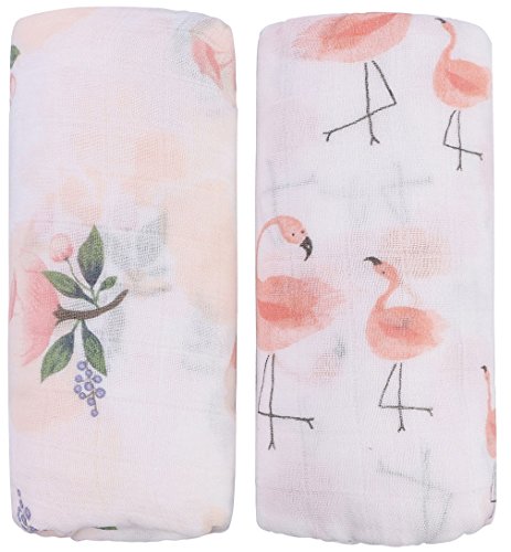 Product Cover Little Jump Bamboo Muslin Swaddle Blankets - 2 Pack Floral & Flamingo Print Baby Swaddle Wrap for Girl Shower Gift (Floral & Flamingo)