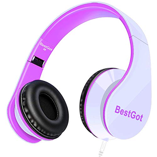 Product Cover BestGot Kids Headphones Over Ear with Microphone for Girls Adult in-line Volume with Transport Bag Foldable Headphone with 3.5mm Plug Removable Cord (White/Pink)