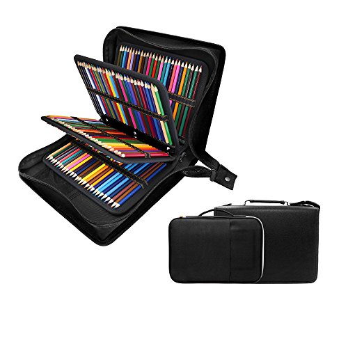 Product Cover 200 + 16 Slots Pencil Case & Extra Pencil Sleeve Holder - Bundle for Prismacolor Watercolor Pencils, Crayola Colored Pencils, Marco Pens and Cosmetic Brush by YOUSHARES (216 Slots Black)
