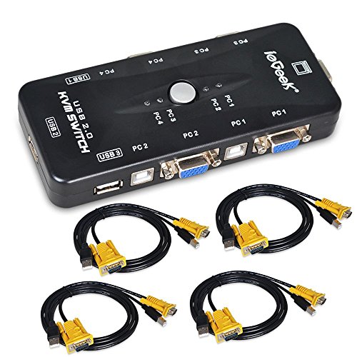 Product Cover ieGeek KVM Switch Box 4 Port PC Monitor Switches Box + 4 x USB VGA Cables for Computer/Keyboard/Mouse Monitor, Plug and Play