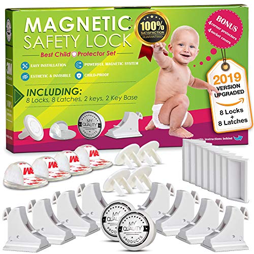 Product Cover Invisible Magnetic Cabinet Locks Child Safety Kit, Secure Kitchen & Bedroom Cabinets. Cupboards with 8 Baby Proofing Cabinets Door & Drawer Locks for Kids & Toddlers. 2 Keys & 3M Adhesive Straps.