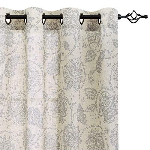 Product Cover Floral Scroll Printed Linen Curtains,Grommet Top - Ikat Flax Textured Medallion Design Jacobean Floral Curtains Retro Living Room Window Treatments (Grey, 63 inch Long, 2 Panels)