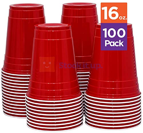 Product Cover Stack Man Red [16 oz-100 Pack] Party, Cold Drink Plastic Disposable Cups