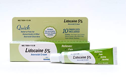 Product Cover Lidocaine 5% Anorectal Cream | for Hemorrhoid Relief from Pain, Itching, Burning | 10 Finger Cots Included with 30 Gram Tube Lidocaine 5% Cream...
