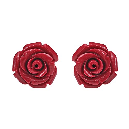 Product Cover Pretty Blooming Carved Red Rose .925 Sterling Silver Stud Earrings
