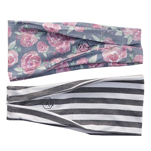 Product Cover Maven Thread Women's Headband Yoga Running Exercise Sports Workout Athletic Gym Wide Sweat Wicking Stretchy No Slip 2 Pack Set Floral Gray Stripe Bodhi