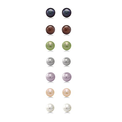 Product Cover Gem Stone King A Set Of 7 Pairs Of 7mm Cultured Freshwater Pearl Stud Earrings Set In Sterling Silver