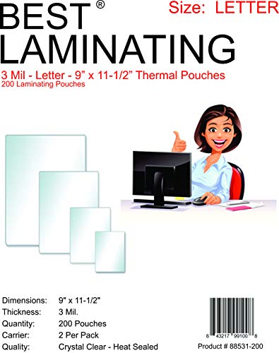 Product Cover Best Laminating 200 Pouches, 3 Mil Clear Letter Size, Thermal Laminating Pouches, 9