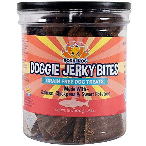 Product Cover Premium Healthy Dog Jerky Treats | Grain Free Salmon Dog Treat Bites | Natural Snack Made with Salmon, Chickpeas & Sweet Potatoes | No Corn, Wheat or Soy