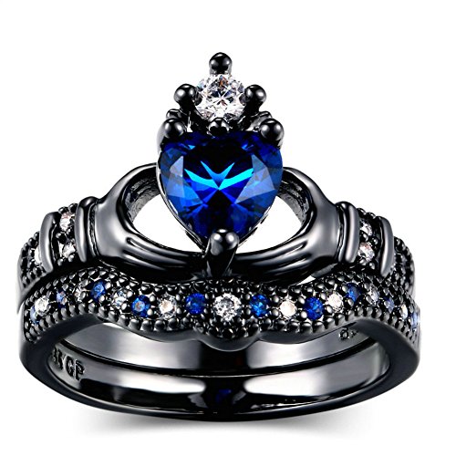Product Cover JAJAFOOK Blue Zirconia Heart Cut Bridal Princess Crown Irish Claddagh Black Gold Plated Eternity Band Rings