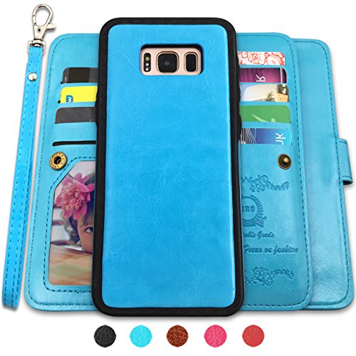 Product Cover CASEOWL Galaxy S8 Plus Cases,Magnetic Detachable Lanyard Wallet Case with [8 Card Slots+1 Photo Window][Kickstand] for Galaxy S8 Plus-6.2 inch, 2 in 1 Premium Leather Removable TPU Case(Blue)