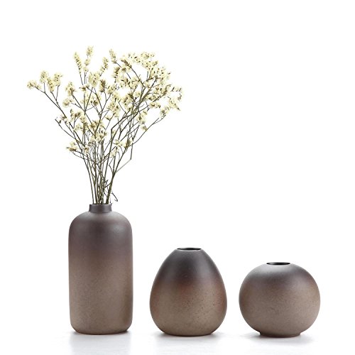 Product Cover Small Ceramic Flower Vase Set of 3, Modern Style Simple Design Metallic Gradually Varied Brown Color Elegant Home Office Living Room Table Desk Decoration for Wedding New Home Visit