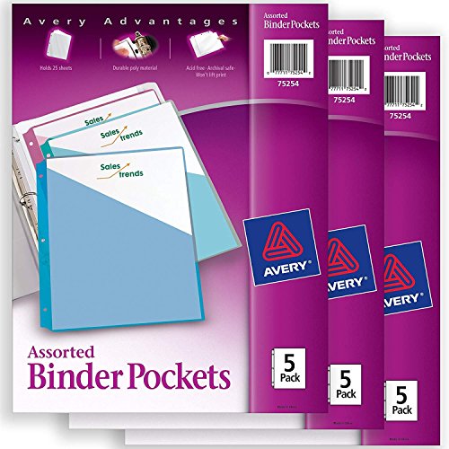 Product Cover Avery Binder Pockets, Assorted Colors, 8.5