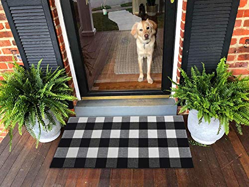 Product Cover Ukeler Black and White Plaid Rugs Cotton Hand-Woven Buffalo Checkered Carpet Washable Kitchen Rugs and Mat, 23.6''x51.2''