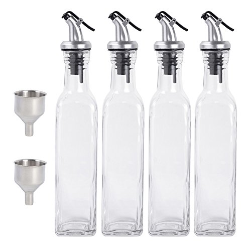 Product Cover Olive Oil Dispenser - 4 Pack Oil and Vinegar Sauce Wine Glass Bottle Olive Oil 250ml Glass Dispenser Pouring Spouts with Lever-Release Snap Lids for Controlled Pouring with 2 Funnel