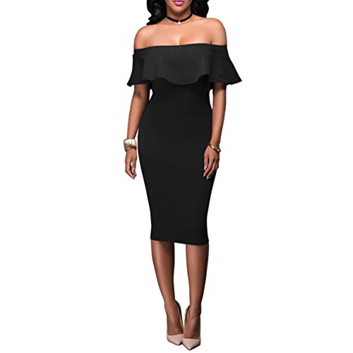 Product Cover Women's Off Shoulder Ruffles Back Split Slim Stretch Cocktail Party Bodycon Midi Dress