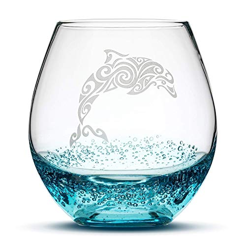 Product Cover Integrity Bottles Dolphin Stemless Wine Glass, Bubbly Turquoise, Handblown, Tribal Design, Hand Etched Gifts, Sand Carved