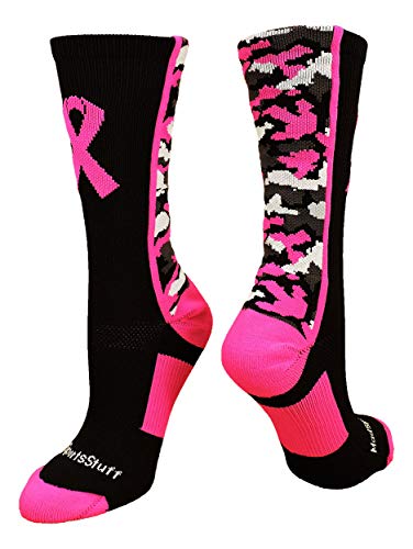 Product Cover MadSportsStuff Pink Ribbon Awareness Camo Crew Socks (Black/Neon Pink, Small)