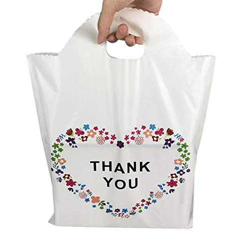 Product Cover SES.CO 12x16 Die-Cut Handle Plastic Thank You Floral Merchandise Shopping Bags,Beige White,100 Count