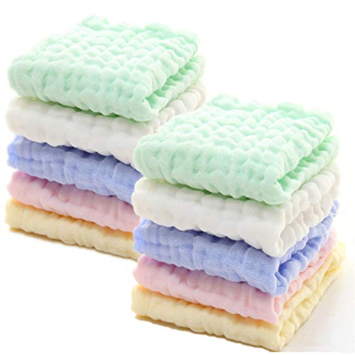 Product Cover Baby Muslin Washcloths - Natural Muslin Cotton Baby Wipes - Soft Newborn Baby Face Towel for Sensitive Skin- Baby Registry as Shower Gift, 10 Pack 12x12 inches by MUKIN (Multicolored)