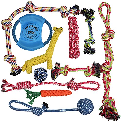 Product Cover Pacific Pups Products supporting pacificpuprescue.com Dog Rope Toys for Aggressive Chewers - Set of 11 Nearly Indestructible Dog Toys - Bonus Giraffe Rope Toy - Benefits NONPROFIT Dog Rescue