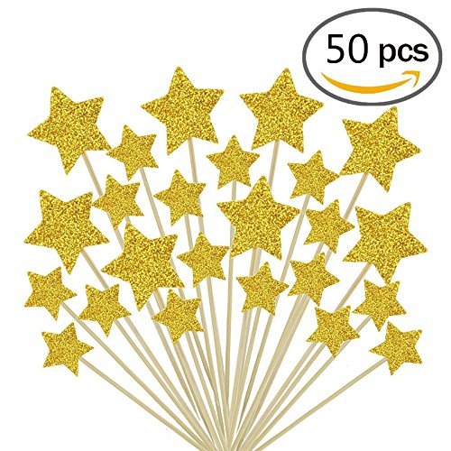 Product Cover HYOUNINGF 50 Pcs Gold Star Cupcake Toppers,Star Cupcake Toppers Twinkle Twinkle Little Star Decorations Birthday Cupcake Toppers Glitter Gold Cupcake Toppers for Party Cake Decorations